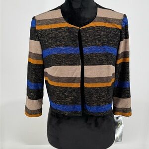 DN Design Women’s Cardigan Sz 10 Blue Black Tan 3/4 Sleeve Open Front Crop G9